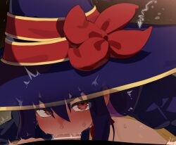 1boy 1girl absurdres bar_censor blue_hat blush censored commentary_request deepthroat fellatio hair_between_eyes hat hetero highres idola_avorn long_hair looking_at_viewer mizumizuni oral penis pov red_eyes sentai_red_ga_isekai_de_boukensha_ni_naru solo_focus sweat tears witch_hat