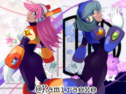 Rule 34 | 2girls, android, ass, blue hair, kamiraexe, luna (mega man), mega man (series), mega man maverick hunter x, mega man x (series), minerva (mega man), multiple girls, pink hair, short hair