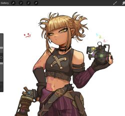 1girl :/ arcane_jinx arcane_jinx_(cosplay) arm_tattoo bare_shoulders blonde_hair boku_no_hero_academia closed_mouth cosplay cow crop_top double_bun explosive grenade hair_bun highres holding holding_grenade jinx_(league_of_legends) league_of_legends lia_(miauiz) messy_hair navel pants pink_pants simple_background stomach stomach_tattoo striped_clothes striped_pants tattoo toga_himiko white_background yellow_eyes