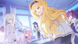 5girls absurdres arm_under_breasts artist_request blonde_hair blue_eyes blue_hair breasts character_request collar commentary_request curtains earrings green_eyes hair_between_eyes hair_ornament hair_over_one_eye hairclip headband highres jewelry large_breasts long_hair long_sleeves looking_at_viewer looking_back mecha multiple_girls muv-luv muv-luv_girls_garden necktie off_shoulder official_art pantyhose pink_hair pleated_skirt purple_eyes purple_hair robot school school_uniform short_hair skirt sleeves_past_wrists small_breasts table twintails wavy_hair white_hair window yellow_eyes