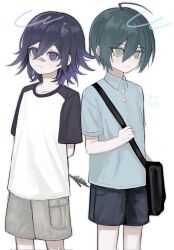 2boys aged_down ahoge bag bandaid bandaid_on_face bandaid_on_nose black_bag black_hair black_shirt black_shorts blush brown_eyes brown_shorts collarbone cowboy_shot danganronpa_(series) danganronpa_v3:_killing_harmony hair_between_eyes highres multiple_boys nuns197 oma_kokichi saihara_shuichi shirt short_hair shorts shoulder_bag simple_background smile two-tone_shirt white_background white_shirt
