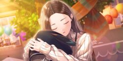 Rule 34 | 1girl, 1other, balloon, blue reflection (series), blue reflection sun, blurry, blurry background, brown hair, brown sweater, character request, closed eyes, comforting, detached collar, dutch angle, evening, flower bed, forehead, game cg, hug, ikoma ayami, kishida mel, long hair, long sleeves, non-circular lens flare, non-web source, official art, open mouth, outdoors, ribbed sweater, straight hair, sunlight, sweater, window