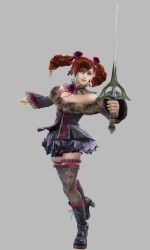 1girl 3d amy_sorel bare_shoulders boots choker detached_sleeves dress drill_hair female_focus fishnet_thighhighs fishnets flat_chest flower fur fur_trim gothic_lolita highres jpeg_artifacts lace lolita_fashion official_art rapier red_eyes red_hair rose short_twintails solo soul_calibur soulcalibur soulcalibur_iv sword thighhighs twintails weapon