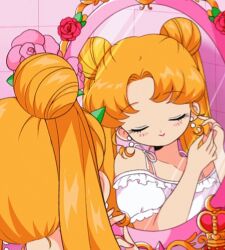 1990s_(style) 1girl adjusting_earrings bad_id bad_twitter_id bare_arms bishoujo_senshi_sailor_moon blonde_hair closed_eyes closed_mouth commentary crescent crescent_earrings derivative_work dot_nose double_bun dress earrings english_commentary eyelashes flower frilled_sleeves frills gift_art hair_bun honeymoonpetal indoors jewelry leaf light_blush lipstick long_hair makeup mirror off-shoulder_shirt off_shoulder official_style parted_bangs pink_flower pink_lips pink_rose puffy_short_sleeves puffy_sleeves red_flower red_rose reflection reflection_focus retro_artstyle ribbon rose shirt short_sleeves smile solo spaghetti_strap tile_wall tiles tsukino_usagi twintails upper_body very_long_hair white_dress white_eyeshadow white_ribbon