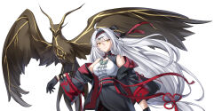 1girl ahoge alternate_costume animal_on_arm back_bow bare_shoulders bird bird_on_arm black_bird black_collar black_gloves black_hairband black_jacket black_skirt bow breasts closed_mouth collar commentary cowboy_shot gloves grey_hair hair_bow hair_intakes hair_ornament hairband hamilundenongdizhe high-waist_skirt highres jacket large_breasts long_hair looking_at_viewer off_shoulder open_clothes open_jacket shirt shirt_tucked_in simple_background skirt solo very_long_hair white_background white_shirt yellow_eyes yixuan_(zenless_zone_zero) zenless_zone_zero