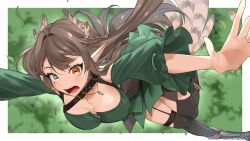 Rule 34 | 1girl, absurdres, bird tail, black socks, blurry, blurry background, boots, border, braid, breasts, cleavage, commission, double-parted bangs, dress, falling, foot out of frame, green dress, grey boots, grey eyes, hair intakes, half up braid, hands up, heterochromia, highres, indie virtual youtuber, jewelry, k (art71), kumi (vtuber), large breasts, leaf, necklace, open mouth, orange eyes, outside border, outstretched arms, pointy ears, scar, scar across eye, scar on face, second-party source, skeb commission, socks, sweatdrop, tail, thank you, three-quarter sleeves, twitter username, white border