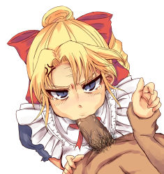 00s 1boy 1girl :&gt;= anger_vein angry apron arm_grab blonde_hair blue_eyes bow clothed_female_nude_male dark-skinned_male dark_skin erection fellatio from_above glaring hair_bow hetero holding_another&#039;s_wrist kamita kannazuki_megumi looking_at_viewer looking_up maid male_pubic_hair muteki_kanban_musume nude oral penis pov pubic_hair red_bow ribbon simple_background tearing_up tears uncensored veins veiny_penis white_apron white_background