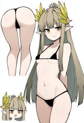 1girl absurdres arknights arms_behind_back ass bikini black_bikini breasts brown_hair chibi closed_mouth collarbone commentary_request elf groin hair_ornament highres long_hair looking_at_viewer makigirisu micro_bikini mole mole_under_eye muelsyse_(arknights) multiple_views navel pointy_ears simple_background small_breasts smile swimsuit white_background yellow_eyes