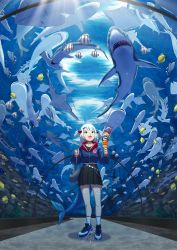 1girl :o absurdres alternate_costume aquarium awestruck bag black_skirt blue_eyes blue_hair blue_hoodie bubba_(watson_amelia) casual cherry clownfish death-sensei_(mori_calliope) fins fish fish_hair_ornament fish_tail food fruit full_body gawr_gura great_white_shark hair_ornament hallway hammerhead_shark handbag highres holding holding_bag hololive hololive_english hood hoodie ice_cream_cone khoaphan96 kotori_(takanashi_kiara) looking_up multicolored_hair ocean_sunfish open_mouth pleated_skirt sawfish school_of_fish shark_girl shark_tail sharp_teeth shoes signature skirt sneakers socks solo stingray streaked_hair stuffed_animal stuffed_shark stuffed_toy surgeonfish tail takodachi_(ninomae_ina&#039;nis) teeth too_many too_many_fish tropical_fish tunnel virtual_youtuber water whale_shark white_hair white_socks