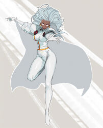 1girl :o absurdres arms_up big_hair blank_eyes boots breasts cape collared_jacket commentary covered_groin curled_fingers dark-skinned_female dark_skin earrings english_commentary floating floating_hair full_body furrowed_brow gloves glowing glowing_eyes gold_trim grey_background grey_hair hair_spread_out head_tilt highres impossible_clothes impossible_jacket jacket jewelry knees large_breasts layered_sleeves legs_folded lightning_bolt_earrings lightning_bolt_symbol long_hair long_legs long_sleeves looking_at_viewer marvel matheus_felipe open_hands outline outstretched_arms pants parted_lips puffy_short_sleeves puffy_sleeves reaching reaching_towards_viewer shiny_clothes short_sleeves shoulder_pads solo storm_(x-men) superhero_costume thighs tight_clothes tight_pants turtleneck turtleneck_jacket v-shaped_eyebrows very_long_hair white_background white_boots white_cape white_gloves white_jacket white_outline white_pants white_sleeve_cuffs wide_hips x-men