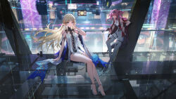 2girls absurdres against_wall armor bare_shoulders black_collar black_dress blonde_hair blue_eyes bodysuit breastplate breasts cartethyia_(wuthering_waves) chinese_commentary closed_mouth collar commentary_request crown_of_thorns dress earrings hairband hand_on_own_knee hand_up highres jewelry leaning long_hair looking_at_viewer lupa_(wuthering_waves) medium_breasts metal_collar metal_hairband multiple_girls necklace official_art pink_hair pointy_ears red_sash sash sidelocks sitting smile swd3e2 tabard tacet_mark_(wuthering_waves) thighs very_long_hair white_bodysuit white_tabard wuthering_waves