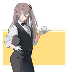 1girl absurdres alternate_costume belt black_belt black_bow black_bowtie black_pants black_vest bow bowtie brown_hair butler closed_mouth collared_shirt commentary cup dress_shirt english_commentary female_butler girls&#039;_frontline gloves hand_on_own_hip highres myticalcat one_eye_closed one_side_up pants plate shirt simple_background smile solo two-tone_background ump45_(girls&#039;_frontline) vest white_background white_gloves white_shirt yellow_background yellow_eyes
