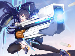 Rule 34 | 1girl, :d, ahoge, aqua eyes, aqua halo, aris (blue archive), aris (mecha suit) (blue archive), bare shoulders, black gloves, black hair, black thighhighs, blue archive, blue leotard, blue shoes, blue skirt, blush, bright pupils, chinese commentary, commentary request, covered navel, elbow gloves, firing, floating hair, flying, full body, gloves, gun, halo, highleg, highleg leotard, highres, holding, holding gun, holding weapon, huge weapon, leotard, long hair, mecha musume, mechanical ears, mechanical wings, missile, multicolored leotard, open mouth, outstretched leg, pleated skirt, railgun, rectangular halo, shoes, showgirl skirt, skirt, sky, smile, solo, teeth, thighhighs, thrusters, upper teeth only, user wymn7858, v-shaped eyebrows, very long hair, weapon, white leotard, wings