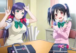 2girls :d \m/ anime_coloring bag bag_charm between_fingers black_hair blush bow bowtie breasts brown_sweater_vest card card_between_fingers cardigan chair charm_(object) clubroom computer cosplay crossed_wrists curtains desk diagonal-striped_bow diagonal-striped_bowtie diagonal-striped_clothes door double_\m/ drawer dress_shirt folding_chair green_bow green_bowtie green_eyes grin hair_bow hair_ornament hair_scrunchie head_tilt holding holding_card index_finger_raised indoors large_breasts long_hair long_sleeves looking_at_viewer love_live! love_live!_school_idol_festival love_live!_school_idol_project multiple_girls nico_nico_nii official_art on_chair open_mouth otonokizaka_school_uniform paper pink_cardigan pink_scrunchie purple_hair rabbit red_bow red_eyes school_bag school_uniform scrunchie shirt short_sleeves sitting smile striped_bow striped_bowtie striped_clothes summer_uniform sweater_vest tarot tarot_card teeth tojo_nozomi tojo_nozomi_(cosplay) twintails upper_body upper_teeth_only white_shirt yazawa_nico yazawa_nico_(cosplay)