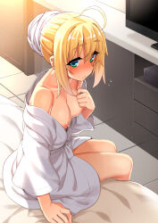 1girl ahoge artoria_pendragon_(fate) bathrobe bed blonde_hair blush breasts collarbone desk embarrassed fate/stay_night fate_(series) green_eyes naked_robe namonashi nipples robe saber_(fate) sidelocks sitting small_breasts solo sweatdrop television textless_version tile_floor tiles towel towel_on_head videocassette_recorder
