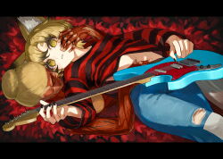 1girl 1other animal_ears black_nails black_shirt blonde_hair breasts denim ebiri_fy exposed_muscle fox_ears fox_girl guitar hair_bun hand_on_another&#039;s_face hand_on_another&#039;s_stomach holding holding_guitar holding_instrument hug hug_from_behind instrument jeans lying navel on_back open_mouth original pants parody red_shirt shirt short_hair small_breasts striped_clothes striped_shirt teeth thick_eyebrows torn_clothes torn_jeans torn_pants yellow_eyes