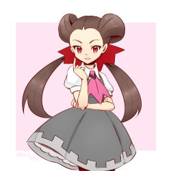 Rule 34 | 1girl, border, brown hair, commentary request, cowboy shot, dress, hair ribbon, haru (haru4782), highres, looking at viewer, nintendo, outside border, pinafore dress, pink background, pokemon, pokemon oras, red eyes, ribbon, roxanne (pokemon), sleeveless, sleeveless dress, solo, twintails, white border