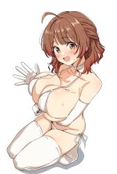 1girl :d bare_shoulders bikini blush breasts brown_hair choker full_body gakuen_idolmaster gloves hanami_ume highres idolmaster large_breasts looking_at_viewer open_mouth paid_reward_available revision seihekiog side-tie_bikini_bottom sideboob simple_background smile solo swimsuit thighhighs thighs underboob white_background white_bikini white_choker white_gloves white_thighhighs