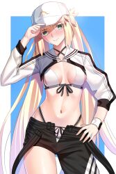 Rule 34 | 1girl, absurdres, artoria caster (fate), artoria caster (swimsuit berserker) (fate), artoria caster (swimsuit berserker) (first ascension) (fate), artoria pendragon (fate), asymmetrical clothes, baseball cap, bikini, black pants, blonde hair, blush, breasts, fate/grand order, fate (series), green eyes, hat, highres, long hair, long sleeves, longdq3008, looking at viewer, navel, pants, shrug (clothing), single pantsleg, small breasts, smile, solo, swimsuit, thighs, twintails, white bikini, white hat, white shrug, wristband