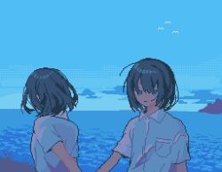 1girl 1other asleep_onthebed ben-day_dots bird blue_eyes blue_hair blue_sky blue_theme blunt_bangs collared_shirt grass holding_hands horizon looking_at_viewer mountain ocean original pixel_art screentones shirt sky upper_body walking white_shirt