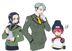 1boy 2girls amate_yuzuriha anger_vein aqua_eyes beanie beard black_hair blue_eyes challia_bull collared_shirt commentary_request comoli_harcourt facial_hair frown glaring gloves green_eyes green_hair gundam gundam_gquuuuuux hand_in_pocket haro hat highres jacket jitome korean_commentary long_sleeves malkang_15 military_jacket military_uniform mole mole_under_eye multicolored_eyes multiple_girls mustache necktie non-humanoid_robot pom_pom_(clothes) pom_pom_beanie red_hair robot shirt short_hair simple_background two-tone_eyes white_background yellow_eyes