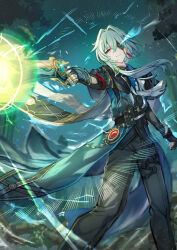 1boy absurdres anaxa_(honkai:_star_rail) black_pants commentary_request crystal_earrings earrings eyepatch feet_out_of_frame firing floating_clothes gem glint green_hair gun hair_intakes hair_over_shoulder handgun highres holding holding_gun holding_weapon honkai:_star_rail honkai_(series) isome jewelry long_hair long_sleeves low_ponytail male_focus night night_sky outdoors pants parted_lips pink_eyes ponytail red_gemstone sky solo star_(sky) weapon