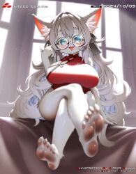 1girl a-maki_tasuke absurdres ahoge animal_ears animal_nose arm_at_side artist_name bare_arms bare_legs bare_shoulders barefoot bed bedroom black-framed_eyewear blue_eyes blush breasts china_dress chinese_clothes crossed_legs curly_hair dated dress fang feet fluff from_below furry furry_female glasses hand_on_ground hand_up highres indoors large_breasts light_brown_hair light_particles long_hair looking_at_viewer on_bed original red_dress round_eyewear sitting skin_fang sleeveless sleeveless_dress soles solo tongue tongue_out twitter_username twitter_x_logo white_fur window wolf_ears