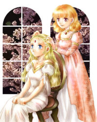 Rule 34 | 2girls, alternate hairstyle, bad id, blonde hair, blue eyes, breasts, choker, cousins, dress, fire emblem, fire emblem: genealogy of the holy war, hand on another&#039;s head, lana (fire emblem), long hair, looking up, lowres, medium breasts, multiple girls, nintendo, orange hair, patty (fire emblem), pink dress, red eyes, short hair, sitting, usachu now, white dress
