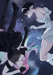 2girls alien_stage aqua_hair asymmetrical_gloves black_boots black_dress black_gloves black_hair bob_cut boots commentary detached_sleeves dress elbow_gloves gloves gradient_hair hairband halter_dress halterneck highres long_hair mizi_(alien_stage) multicolored_hair multiple_girls pink_hair purple_eyes rotational_symmetry sanrenbai short_hair short_sleeves single_elbow_glove space sua_(alien_stage) symbol-only_commentary thigh_boots two-tone_hair uneven_gloves very_long_hair white_boots white_dress white_gloves white_hairband yellow_eyes