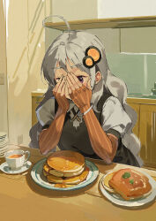 1girl ahoge black_dress braid brown_gloves closed_mouth collared_shirt commentary_request cup dress elbow_gloves fingerless_gloves food gloves grey_hair hair_ornament hands_on_own_face hands_up highres indoors kizuna_akari lamb_(hitsujiniku) long_hair low_twintails pancake pancake_stack plate puffy_short_sleeves puffy_sleeves purple_eyes saucer shirt short_sleeves sleeveless sleeveless_dress solo striped_clothes striped_gloves table tea teacup thick_eyebrows twin_braids twintails very_long_hair voiceroid white_shirt