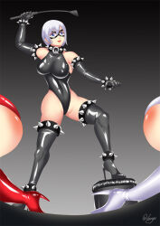 1girl ass blue_eyes breasts dominatrix fairy_tail hadant large_breasts latex lisanna_strauss mask white_hair