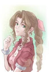 1girl aerith_gainsborough bangle bracelet braid braided_ponytail breasts brown_hair choker cleavage cropped_jacket dress final_fantasy final_fantasy_vii green_background green_eyes hair_ribbon highres jacket jewelry long_hair medium_breasts parted_bangs parted_lips pink_dress pink_lips pink_ribbon puffy_short_sleeves puffy_sleeves red_jacket ribbon ribbon_choker sdsbtfl short_sleeves sidelocks single_braid smile solo twitter_username upper_body
