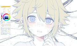 Rule 34 | 1boy, androgynous, art program in frame, bags under eyes, basil (faraway) (omori), basil (omori), blonde hair, blue eyes, clenched teeth, double-parted bangs, hair between eyes, hand up, head tilt, looking at viewer, male focus, medium request, my loleeta, official alternate costume, omori, pale skin, portrait, scene reference, shirt, short hair, sidelocks, simple background, solo, something (omori), spoilers, straight-on, teeth, uneven eyes, white background, white shirt, wide-eyed