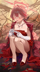 1girl absurdres aru_(blue_archive) aru_(dress)_(blue_archive) blue_archive breasts bullet chinese_commentary cleavage coat coat_on_shoulders commentary demon_horns diamond_necklace dress earrings gloves halo highres horns jewelry large_breasts long_hair necklace official_alternate_costume omurice_(304975636) pink_hair pink_halo red_coat red_dress shell_casing squatting ticket wavy_ends white_gloves yellow_eyes