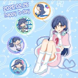1girl archive_(user_ufsk2755) blue_background blue_hair boots brown_eyes capelet chibi commentary cute_&amp;_girly_(idolmaster) dated dress english_commentary full_body gloves happy_birthday headphones headphones_around_neck heart highres idolmaster idolmaster_(classic) idolmaster_1 kisaragi_chihaya knees_up long_hair looking_at_viewer multiple_views outline pink_capelet pink_dress smile snow_strawberry_(idolmaster) white_boots white_gloves white_outline