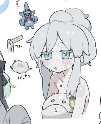 1girl blue_eyes blush colored_eyelashes deux_murasame freckles grey_hair gundam gundam_gquuuuuux hair_bun haro kunoichi_kazuhito_(kuno_kazu) nude pale_skin simple_background sweat upper_body white_background