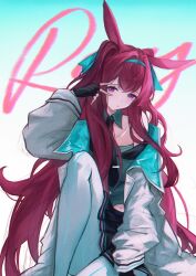 1girl animal_ears arknights bare_shoulders black_gloves blue_background blue_hairband character_name chinese_commentary collarbone commentary_request feet_out_of_frame fingerless_gloves gloves gradient_background hair_intakes hairband highres jacket knee_up long_hair long_sleeves looking_at_viewer manche5ter off_shoulder official_alternate_costume pantyhose pink_hair purple_eyes ray_(arknights) ray_(dreaming_high)_(arknights) sitting solo two-tone_background v v_over_eye very_long_hair white_background white_jacket white_pantyhose