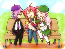 3girls :d ^_^ ahoge bag baguette bench bread closed_eyes drill_hair food hair_ornament hairclip hat headphones headset kasane_teto kasane_teto_(utau) laughing long_hair momone_momo multiple_girls necktie open_mouth pantyhose paper_bag pink_hair purple_hair red_hair short_hair sitting skirt smile takitate tickling tickling_flat_chest twin_drills twintails utane_uta utau vocaloid white_pantyhose yamaha