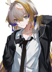 Rule 34 | 1girl, absurdres, arknights, black gloves, black jacket, black necktie, blood, blood on face, blue eyes, blue hair, collared shirt, commentary request, dragon girl, dragon horns, earrings, gloves, green hair, grey hair, hand up, highres, horns, jacket, jewelry, kei11525, long hair, looking at viewer, multiple rings, necktie, open clothes, open jacket, pointy ears, ring, shirt, shu (arknights), simple background, solo, tassel, tassel earrings, upper body, white background, white shirt