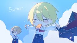 1boy 1girl :3 arms_up black_pants blonde_hair blue_sky blush chibi closed_eyes cloud coat don_quixote_(project_moon) happy highres holding holding_coat holding_unworn_clothes limbus_company long_sleeves necktie pants project_moon ranya_(artiraia) red_necktie shirt short_hair sinclair_(project_moon) sky summer unworn_coat upper_body white_shirt