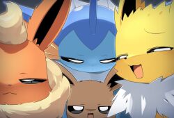 :3 commentary_request creatures_(company) eevee flareon game_freak gen_1_pokemon jolteon lets0020 looking_at_viewer nintendo no_humans open_mouth pokemon pokemon_(creature) smile vaporeon