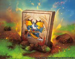 blue_sky commentary_request copyright_notice day duel_masters embers fire grass kemonomichi_(blue_black) kiryuin&#039;s_rune moss no_humans official_art outdoors rock sky smoke stone_tablet