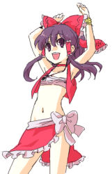 1girl armpits arms_up bad_id bad_pixiv_id black_eyes black_hair bow bracelet chest_sarashi choker cosplay female_focus fushigi_no_umi_no_nadia hair_bow hakurei_reimu ica jewelry midriff nadia_la_arwall nadia_la_arwall_(cosplay) navel necklace parody ribbon sarashi simple_background skirt solo touhou white_background yin_yang