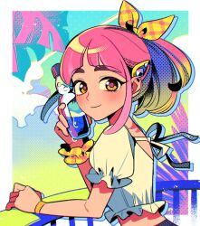 1brad 1girl alternate_costume arched_bangs blush bottle bow closed_mouth cropped_shirt fence from_side hair_ornament hairclip highres holding holding_bottle lacey_(pokemon) looking_at_viewer looking_to_the_side nintendo pink_hair pink_pupils plaid_bow pokemon pokemon_sv scrunchie shirt short_sleeves sidelocks smile solo water_drop wrist_scrunchie wristband yellow_bow yellow_eyes