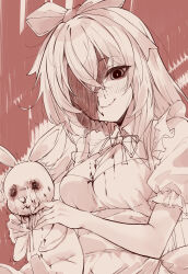 1girl alice_(black_souls) black_liquid black_souls black_souls_2 bow frills one_eye_covered puffy_sleeves ribbon smile stuffed_animal stuffed_rabbit stuffed_toy suujiniku tagme