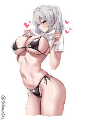 1girl artist_name bikini black_bikini blue_eyes blush breasts clothes_lift commentary_request cropped_legs ebifurya grey_hair hair_between_eyes hair_intakes hands_up heart heart-shaped_pupils highres kantai_collection kashima_(kancolle) large_breasts lifting_own_clothes long_hair looking_at_viewer navel one-hour_drawing_challenge profile shirt shirt_lift short_sleeves side-tie_bikini_bottom sidelocks simple_background smile solo swimsuit symbol-shaped_pupils twitter_username underboob white_background white_shirt