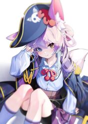 1girl absurdres bike_shorts blue_eyes breasts hair_between_eyes heterochromia highres looking_at_viewer m_cream01 purple_hair shirt small_breasts socks solo stellive tenko_shibuki thighs white_shirt white_socks yellow_eyes