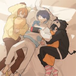 beelzebub_(obey_me!) belphegor_(obey_me!) blue_hair brothers cinnamoroll closed_eyes cuddling demon demon_boy handheld_game_console highres kuromi leviathan_(obey_me!) morning nintendo_switch obey_me!:_one_master_to_rule_them_all! obey_me!_nightbringer orange_hair pajamas pompompurin purple_hair sanrio siblings sleeping user_yjrr4572 white_background