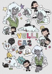 baldur&#039;s_gate baldur&#039;s_gate_3 balloon bat_(animal) black_hair blue_hair cat cazador_szarr chibi dark_elf dog dungeons_&amp;_dragons dungeons_&amp;_dragons elf hair_slicked_back highres holding holding_balloon jewelry light_bulb long_hair mouse_(animal) pointy_ears red_eyes ring ship_name star_(symbol) vellioth vest whxqxqaaa!