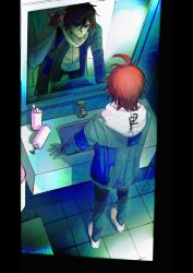 2boys absurdres ahoge aotsuki_eito bathroom black_gloves black_pants black_streaks blue_eyes blue_jacket chinese_commentary clenched_teeth different_reflection glasses gloves grey_hair grey_jacket highres hood hoodie indoors jacket looking_at_mirror male_focus mirror multicolored_hair multicolored_jacket multiple_boys open_clothes open_jacket pants pillarboxed red_hair reflection shoes short_hair sink spoilers streaked_hair sumino_takumi sweat teeth the_hundred_line_-last_defense_academy- two-tone_jacket whispering white_hoodie white_jacket white_shoes wudougewang